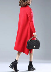 New Red Embroidered Side Open Patchwork Woolen Knitwear Dress Long Sleeve
