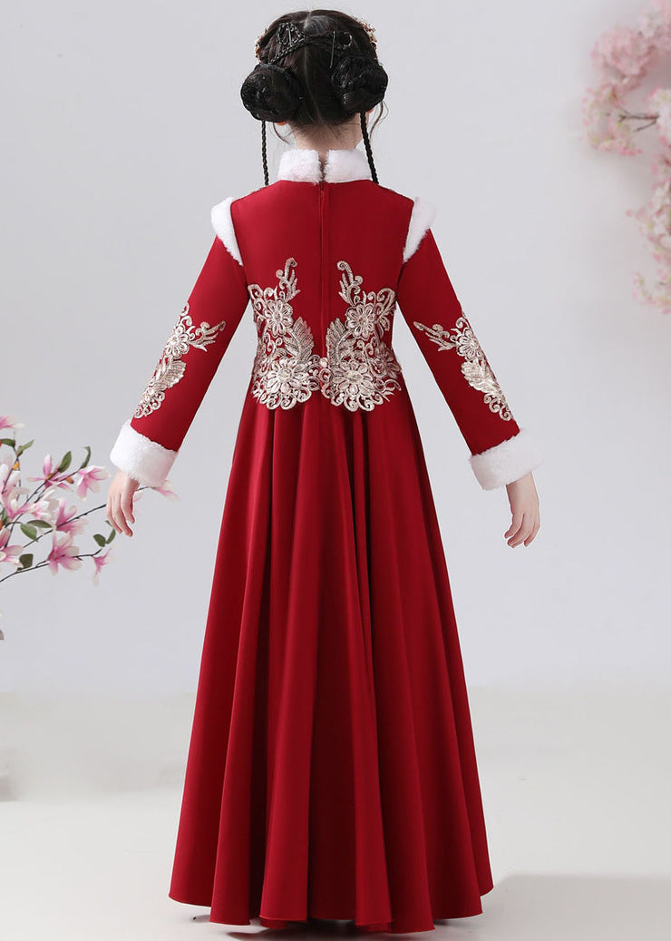 New Red Fur Collar Embroidered Button Warm Fleece Girls Maxi Dresses Winter