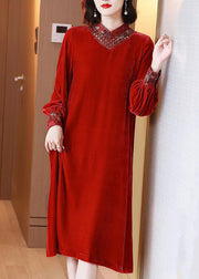 New Red Lace Up Hollow Out Silk Velour Long Dress Long Sleeve