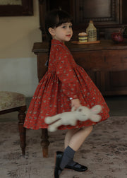 New Red Lace Up Wrinkled Print Patchwork Cotton Kids Girls Dresses Fall