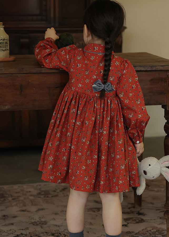 New Red Lace Up Wrinkled Print Patchwork Cotton Kids Girls Dresses Fall