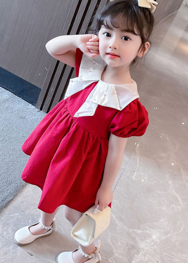 New Red Nail Bead Wrinkled Patchwork Cotton Baby Girls Dress Summer