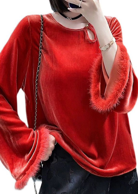 New Red O Neck Button Patchwork Silk Velour Top Long Sleeve