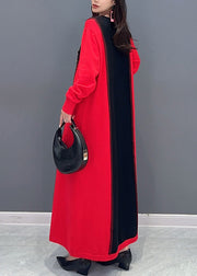 New Red O Neck Patchwork False Two Pieces Cotton Knit Long Dresses Fall
