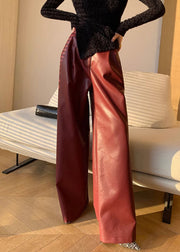 New Red Pockets High Waist Faux Leather Pants Winter