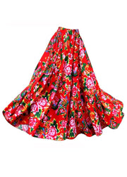 New Red Print Elastic Waist Patchwork Cotton Exra Large Hem Skirts Fall