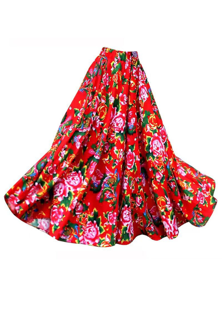 New Red Print Elastic Waist Patchwork Cotton Exra Large Hem Skirts Fall