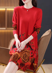New Red Print Side Open Wool Knit Dresses Long Sleeve