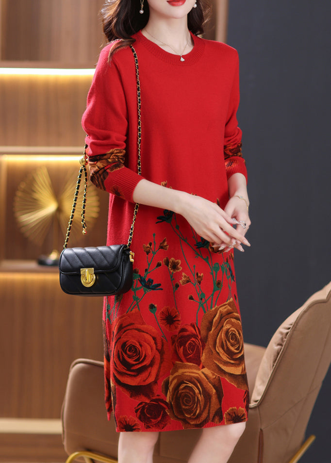 New Red Print Side Open Wool Knit Dresses Long Sleeve