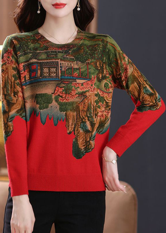 New Red Print Zircon Patchwork Knit Top Spring
