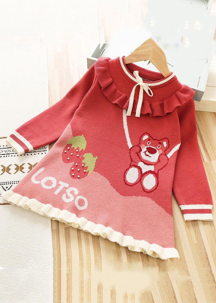 New Red Ruffled Lace Up Knit Kids Sweater Dresses Fall