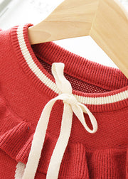 New Red Ruffled Lace Up Knit Kids Sweater Dresses Fall