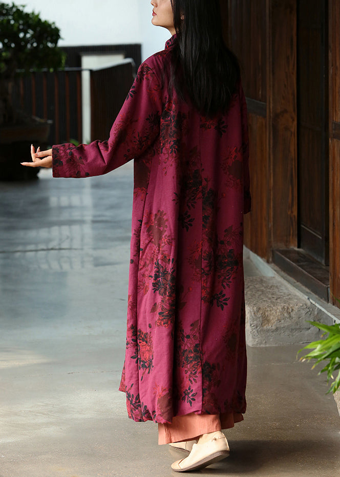 New Red Stand Collar Print Button Cotton Long Dresses Fall