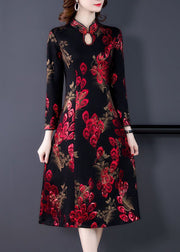 New Red Stand Collar Print Silk Velour Dress Long Sleeve