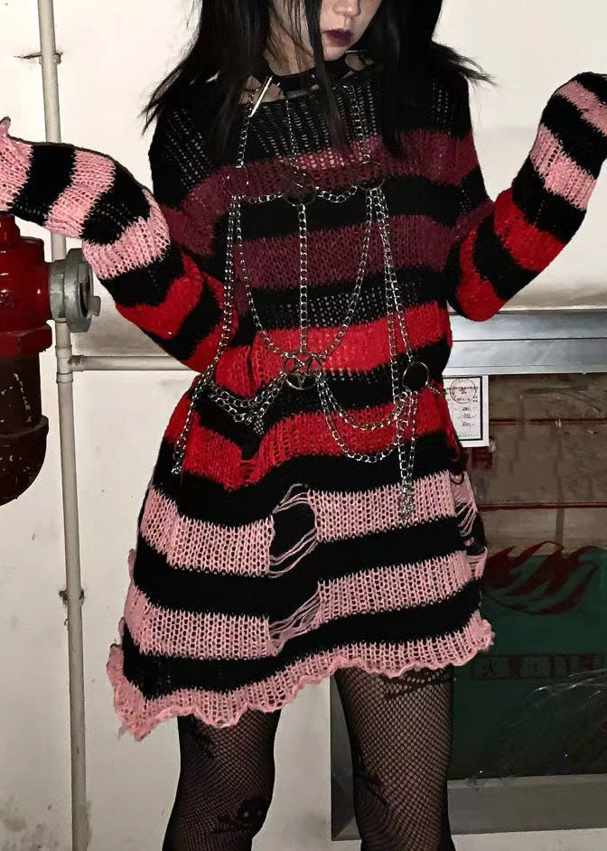 New Red Striped Hole Hollow Out Knit Sweaters Long Sleeve