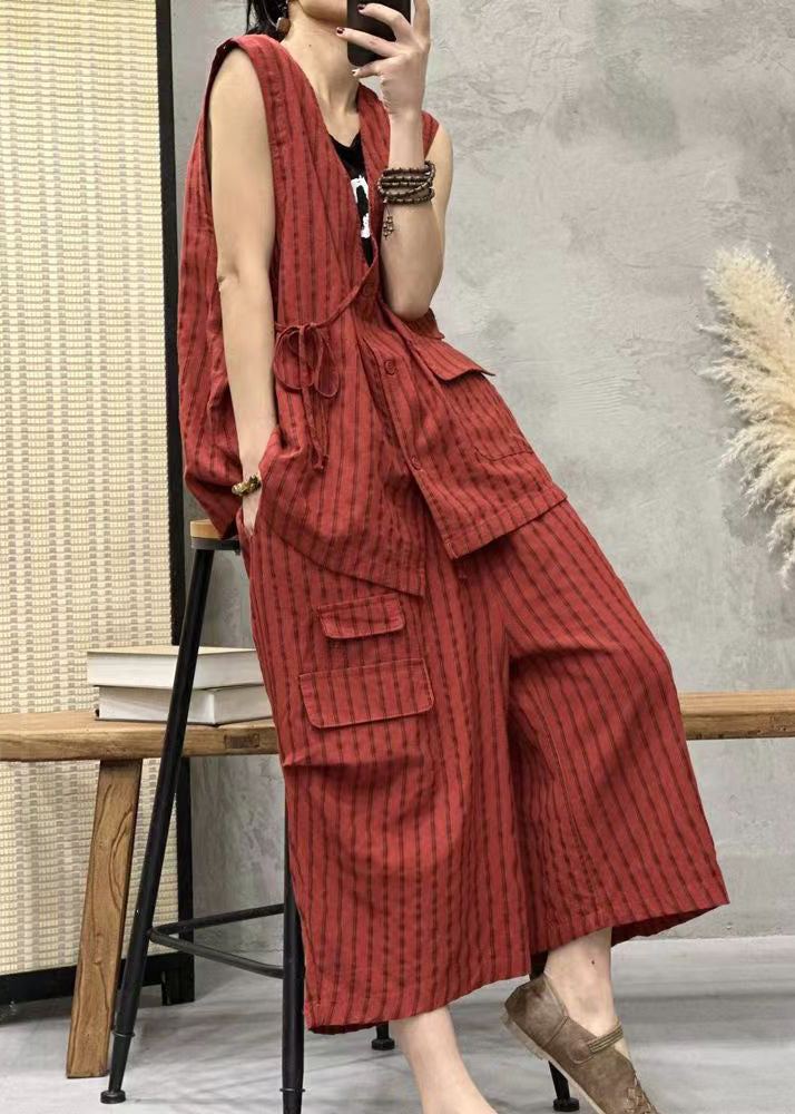 New Red Striped V Neck Lace Up Linen Two Pieces Set Sleeveless