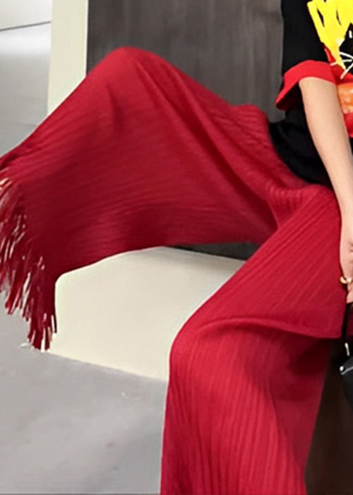 New Red Tasseled High Waist Cotton Crop Pants Summer