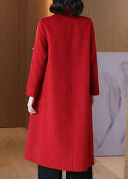 New Red V Neck Button Patchwork Wool Coats Long Sleeve