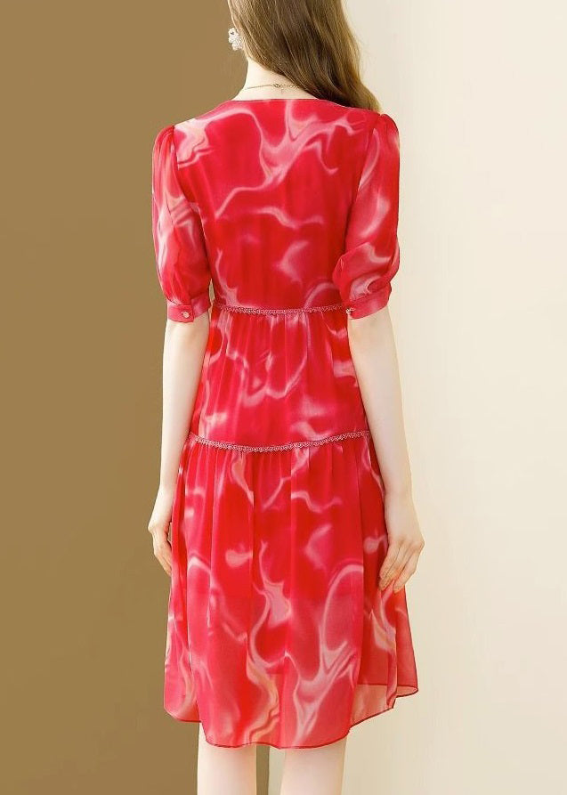 New Red V Neck Print Patchwork Chiffon Dress Short Sleeve