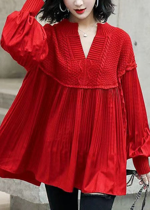 New Red V Neck Wrinkled Knit Patchwork Top Lantern Sleeve