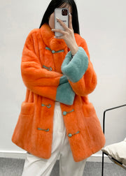 New Retro Orange Stand Collar Pockets Chinese Button Faux Fur Jackets Winter