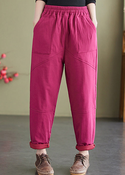 New Retro Rose Pockets Elastic Waist Fine Cotton Filled Pants Winter