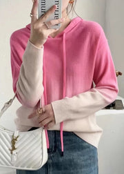New Rose Gradient Color Hooded Patchwork Wool Knit Sweaters Fall