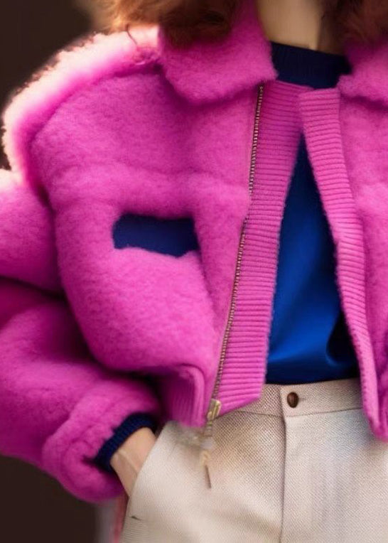 New Rose Peter Pan Collar Zip Up Teddy Faux Fur Coats Long Sleeve