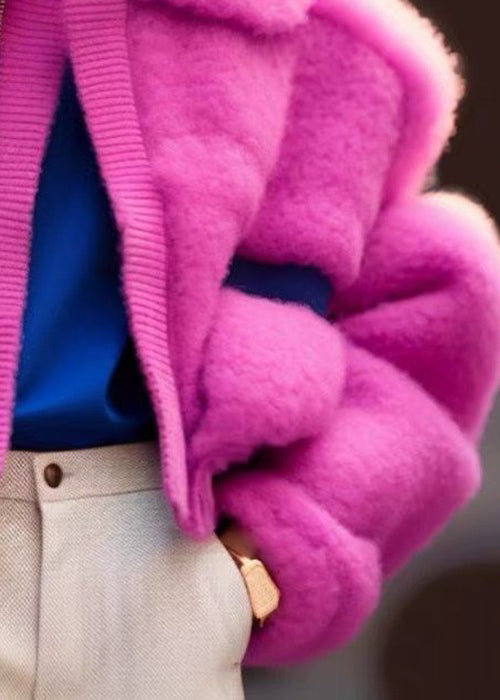 New Rose Peter Pan Collar Zip Up Teddy Faux Fur Coats Long Sleeve