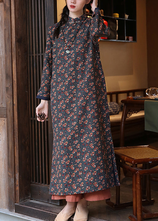 New Rust Print Side Open Patchwork Cotton Dresses Long Sleeve