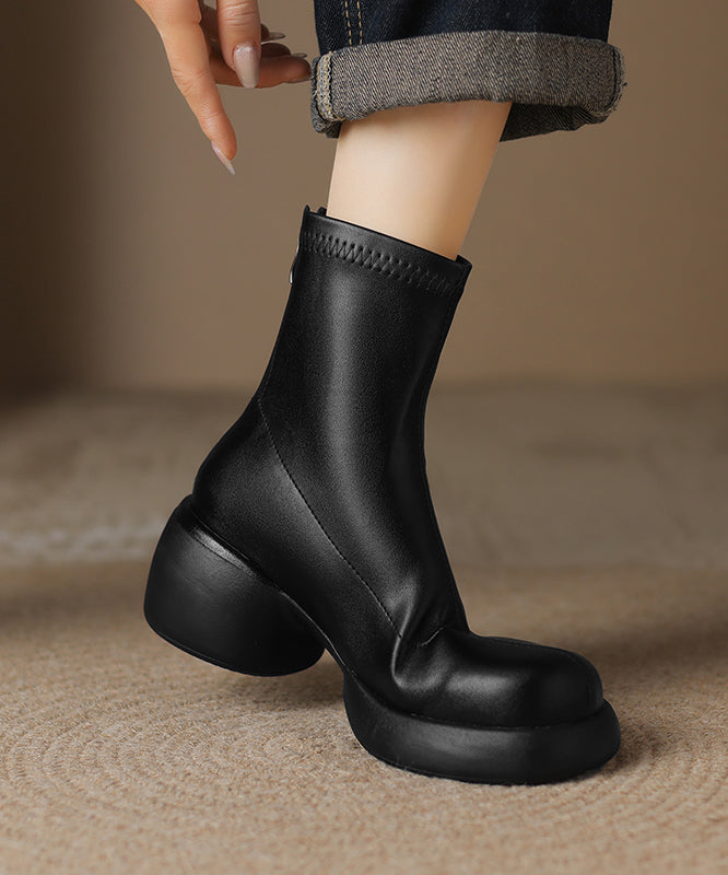 New Simple Black Zippered Splicing Chunky Boots