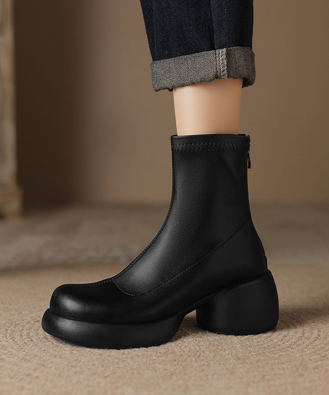 New Simple Black Zippered Splicing Chunky Boots