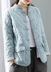 New Sky Blue Button Pockets Patchwork Thick Parka Long Sleeve
