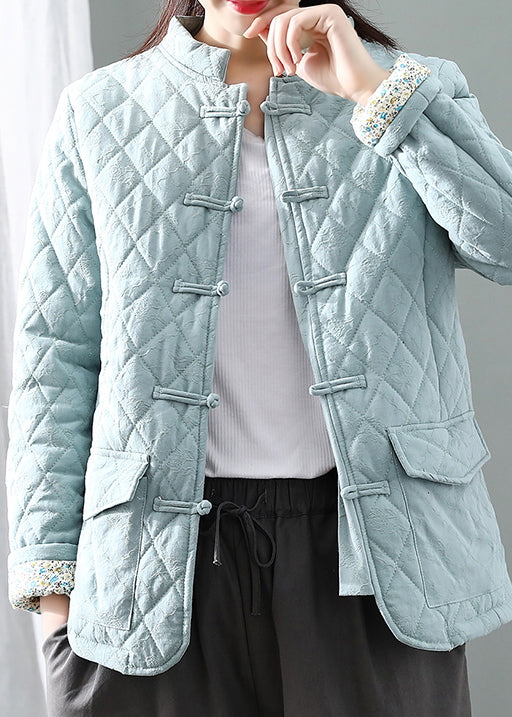 New Sky Blue Button Pockets Patchwork Thick Parka Long Sleeve