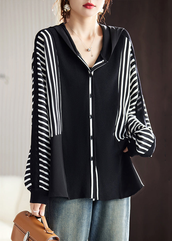New Striped Hooded Knit Patchwork Chiffon Top Batwing Sleeve