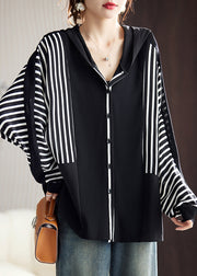 New Striped Hooded Knit Patchwork Chiffon Top Batwing Sleeve