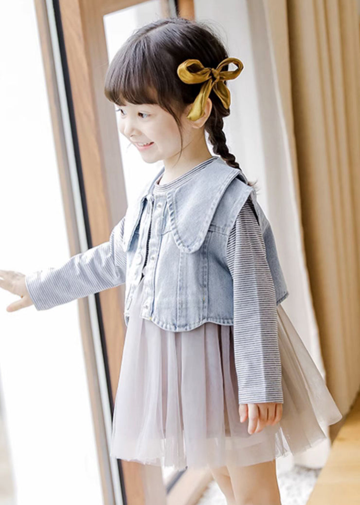 New Striped Patchwork Waistcoat And Dress Cotton Girls Two Pieces Set Fall