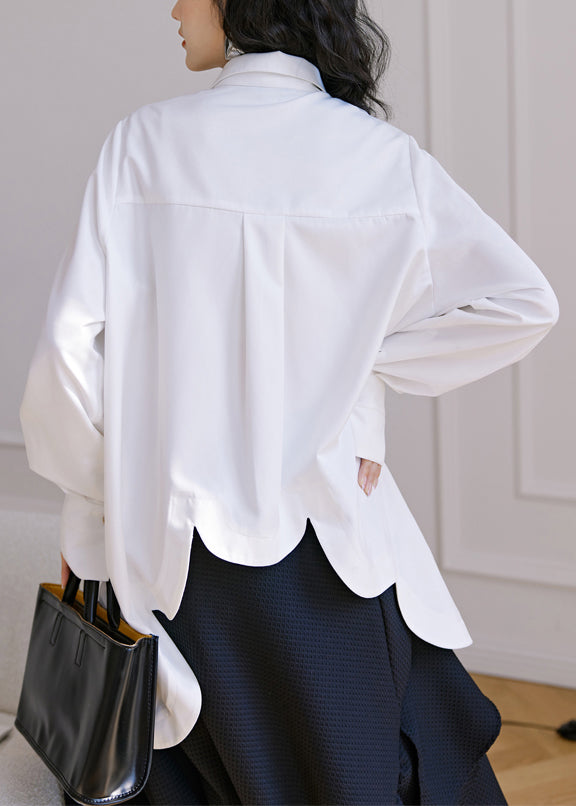 New White Asymmetrical Button Patchwork Cotton Shirt Tops Fall