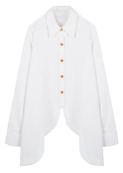 New White Asymmetrical Button Patchwork Cotton Shirt Tops Fall