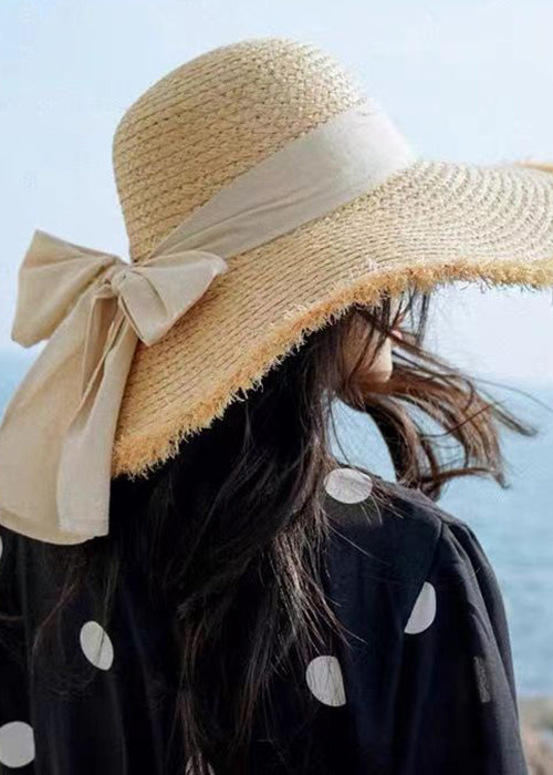 New White Bow Drawstring Straw Woven Bucket Hat