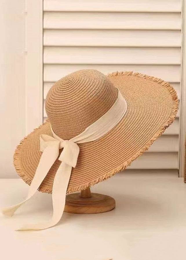 New White Bow Drawstring Straw Woven Bucket Hat