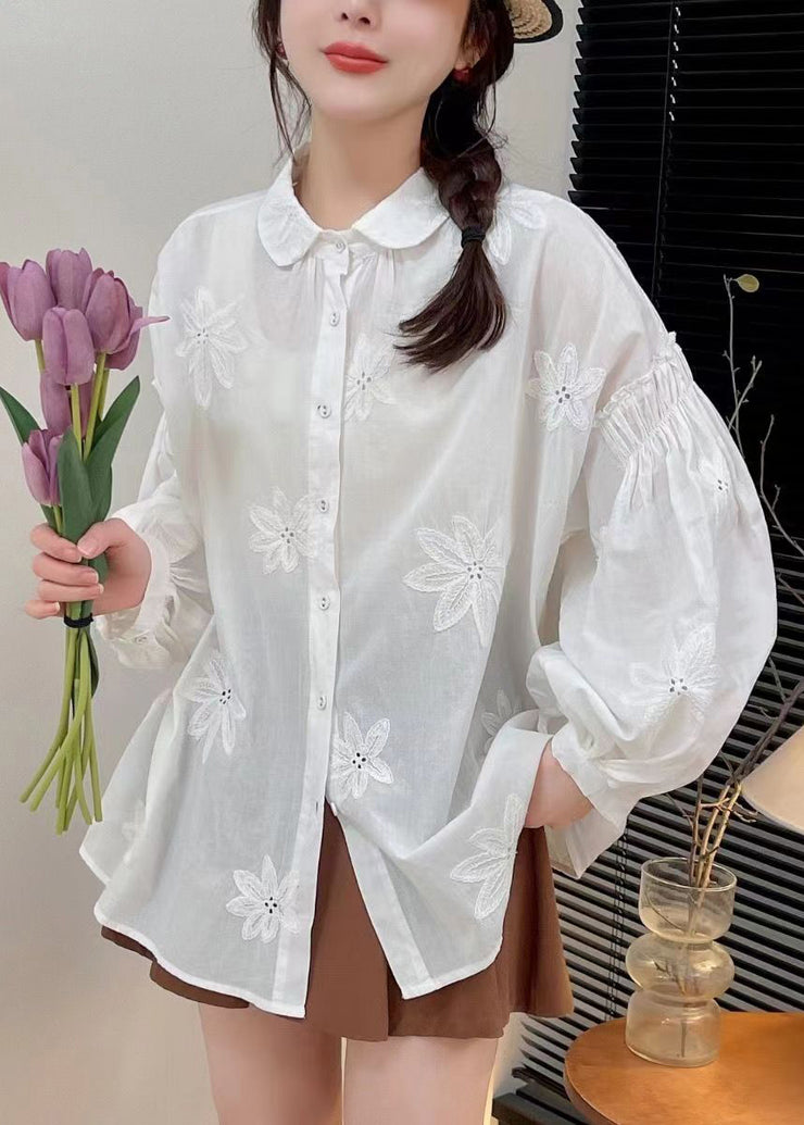 New White Embroidered Button Cotton Shirt Long Sleeve