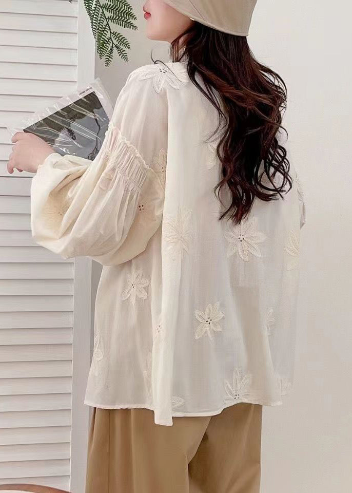 New White Embroidered Button Cotton Shirt Long Sleeve
