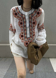New White Embroidered Button Patchwork Cotton Blouses Fall