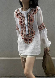 New White Embroidered Button Patchwork Cotton Blouses Fall