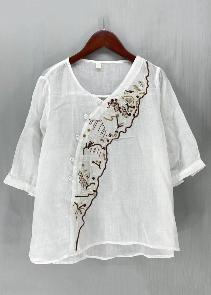 New White Embroideried Button Side Open Linen Shirt Half Sleeve