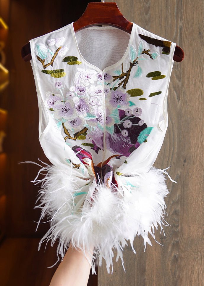 New White Embroidered Feather Patchwork Silk Waistcoat Sleeveless