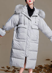 Neue weiße graue Taschen mit Reißverschluss Kaninchenhaarkragen lose Winter-Entendaunenmäntel