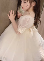New White Nail Bead Bow Patchwork Tulle Baby Girls Princess Dresses Summer