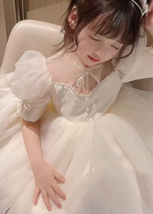 New White Nail Bead Bow Patchwork Tulle Baby Girls Princess Dresses Summer